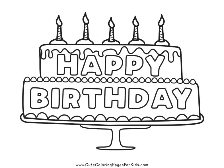 line drawing with image of a birthday cake and the words Happy Birthday, with five candles on top