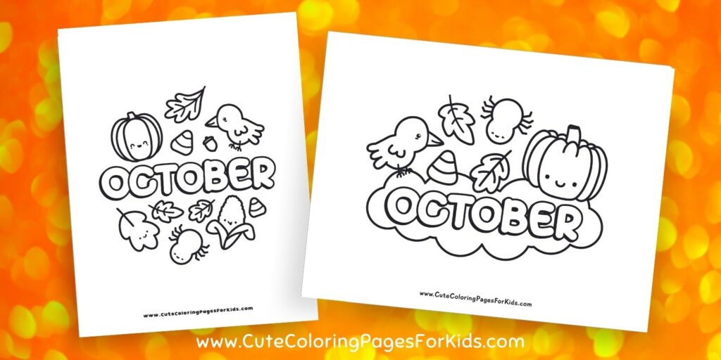 two simple drawings of the word october and cute characters for coloring