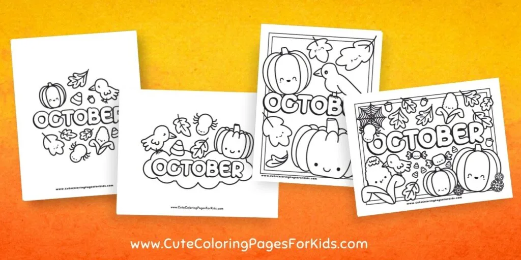 collection of 4 coloring sheets with the word October and elements like pumpkins, candy corns, leaves, and crows