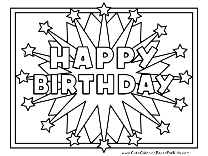 happy birthday text with starburst background and stars in a circle around the words, simple line drawing for coloring