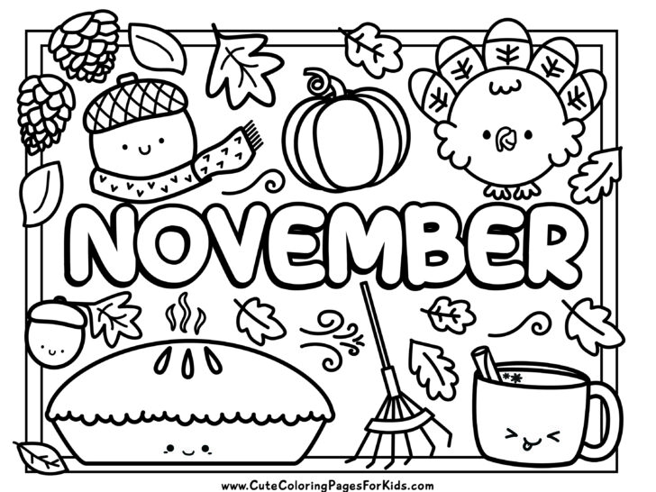 a page with the text November and simple cartoon drawings of acorn, pumpkin, mug, turkey, pie, and leaves