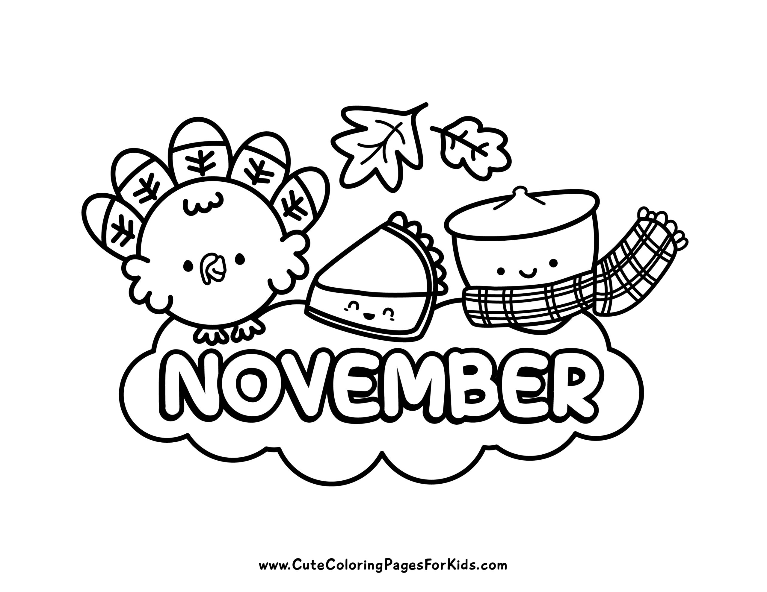 simple november coloring sheet with turkey, pie, and acorn