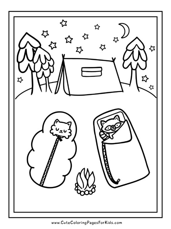 camping coloring page with kitty and raccoon in sleeping bags under the stars, and tent and trees in the background