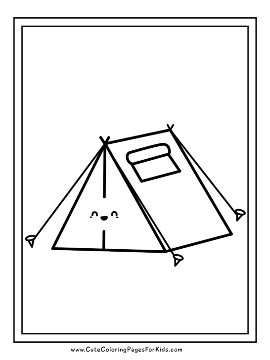 camping tent coloring page with cute, smiling tent drawing
