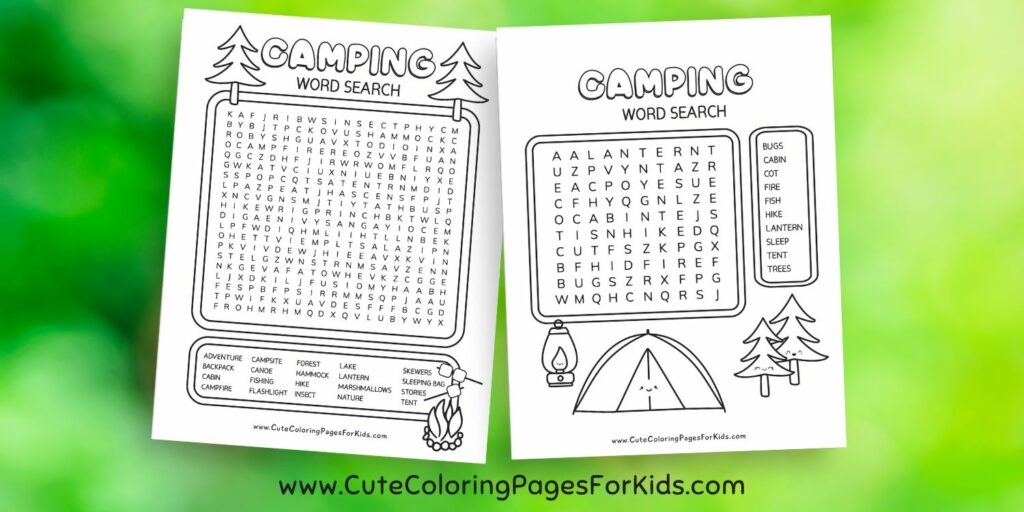 two word search sheets with camping themed words and simple illustrations of camping objects
