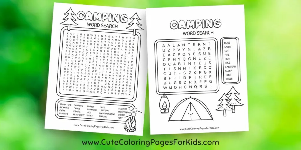 two word search sheets with camping themed words and simple illustrations of camping objects