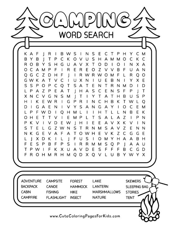 camping word search with black lined drawings of trees and campfire