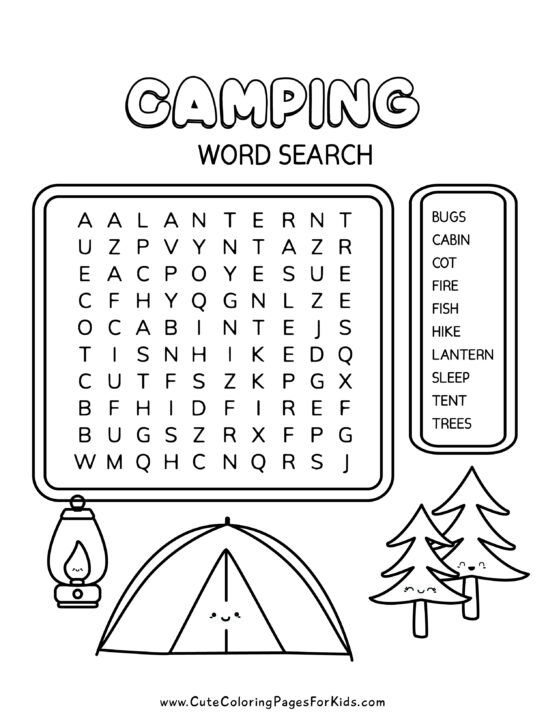small word search with simple illustrations of a tent, lantern, and trees that are smiling