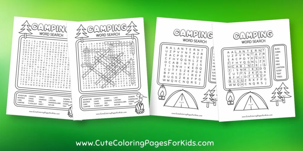 layout of four camping themed word search sheets with answers
