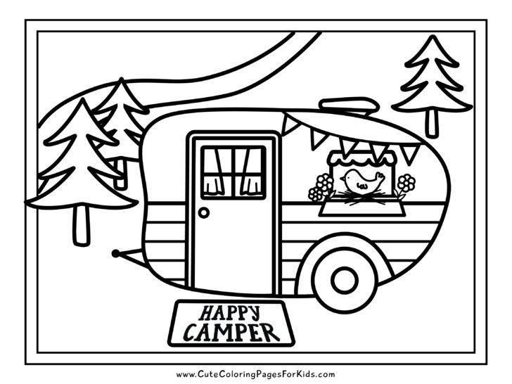 cute camper coloring page with trees and bird