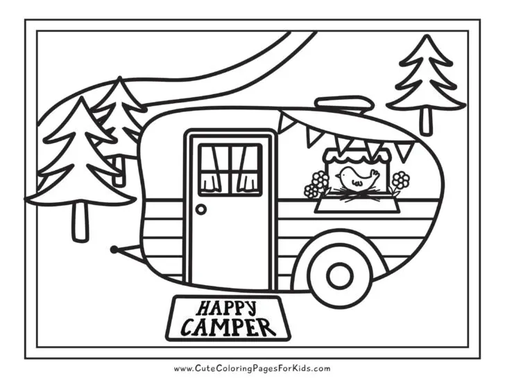 cute camper coloring page with trees and bird