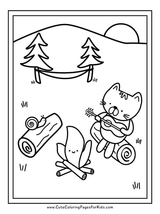 kitty playing guitar with snail around a campfire with trees and hammock in background