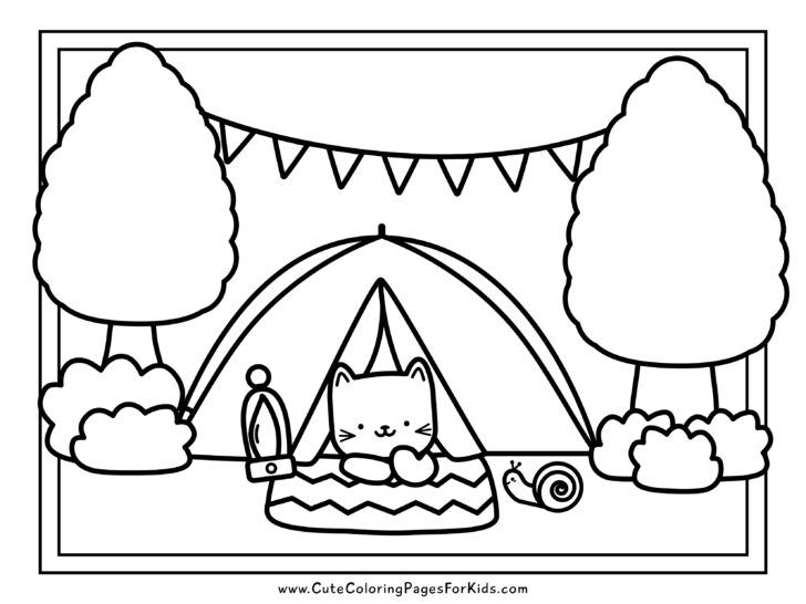 coloring page of camping kitty with tent, trees, banner, and cute snail friend
