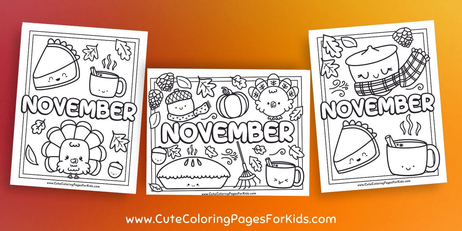 three coloring sheets for november with cartoon drawings for kids