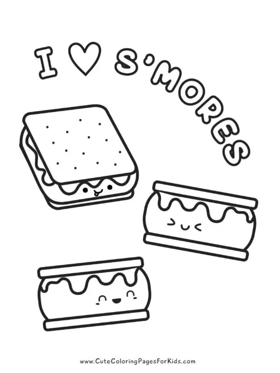 words "i heart s'mores" with drawing of three cute smores