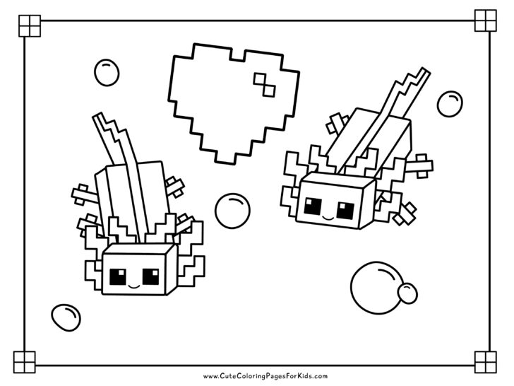 cute Minecraft axolotl coloring page with two axolotls, bubbles, and an 8-bit graphic heart