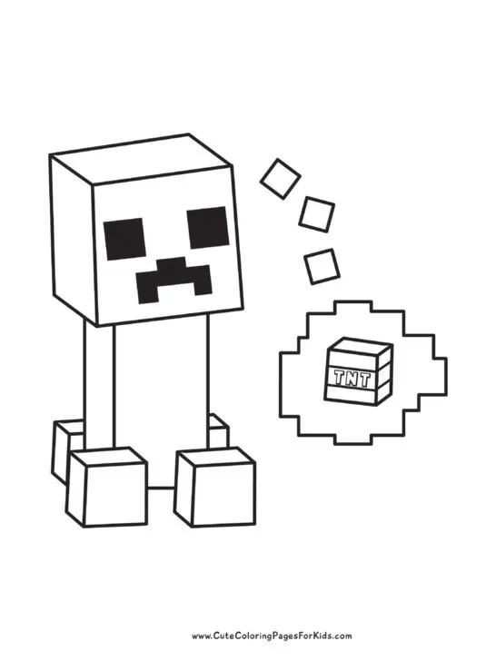 Coloring page with simple drawing of Minecraft creeper who is imagining TNT explosives