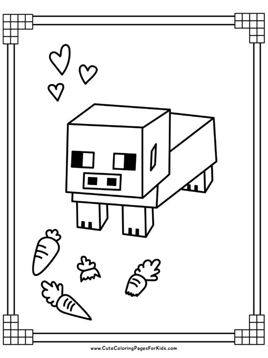 coloring page with minecraft pig and hearts with carrots