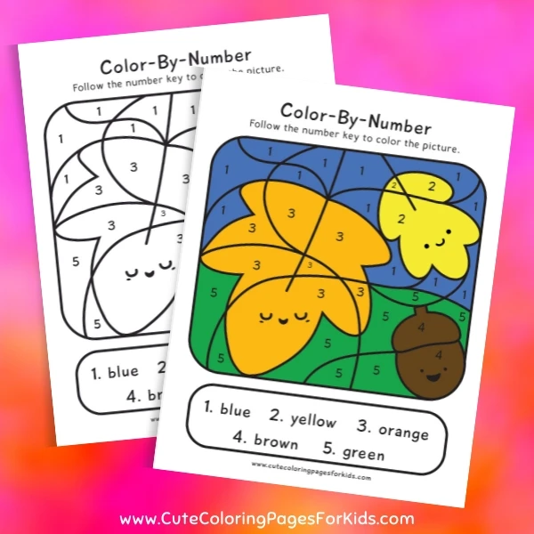 two fall leaves color by number sheets, one in black and white and one in color.