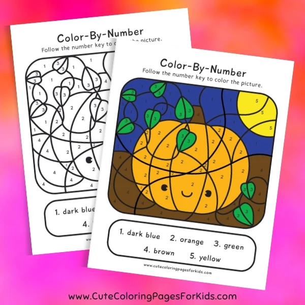 Mock-up of two pumpkin color by number sheets, one that is colorful and one that is black and white.