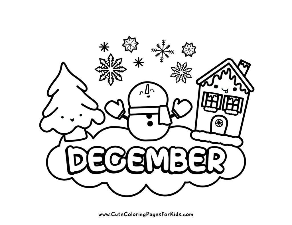 December coloring page with illustrations of a tree, a snowman, and a winter house