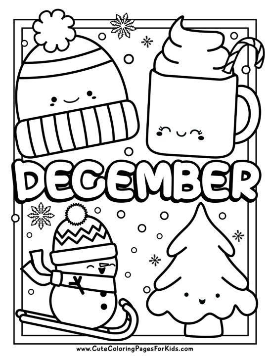 coloring page with the word December and line drawings of cute characters, such as a snowman skiing, a winter hat, a cup of hot chocolate, and a tree