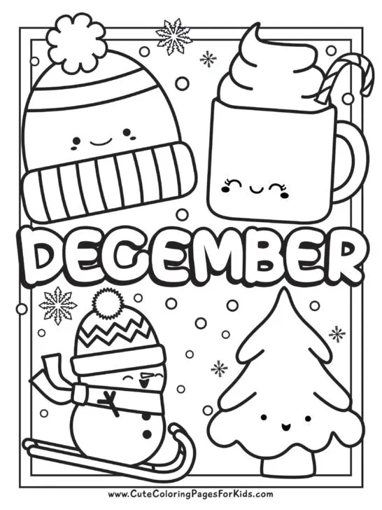 coloring page with the word December and line drawings of cute characters, such as a snowman skiing, a winter hat, a cup of hot chocolate, and a tree