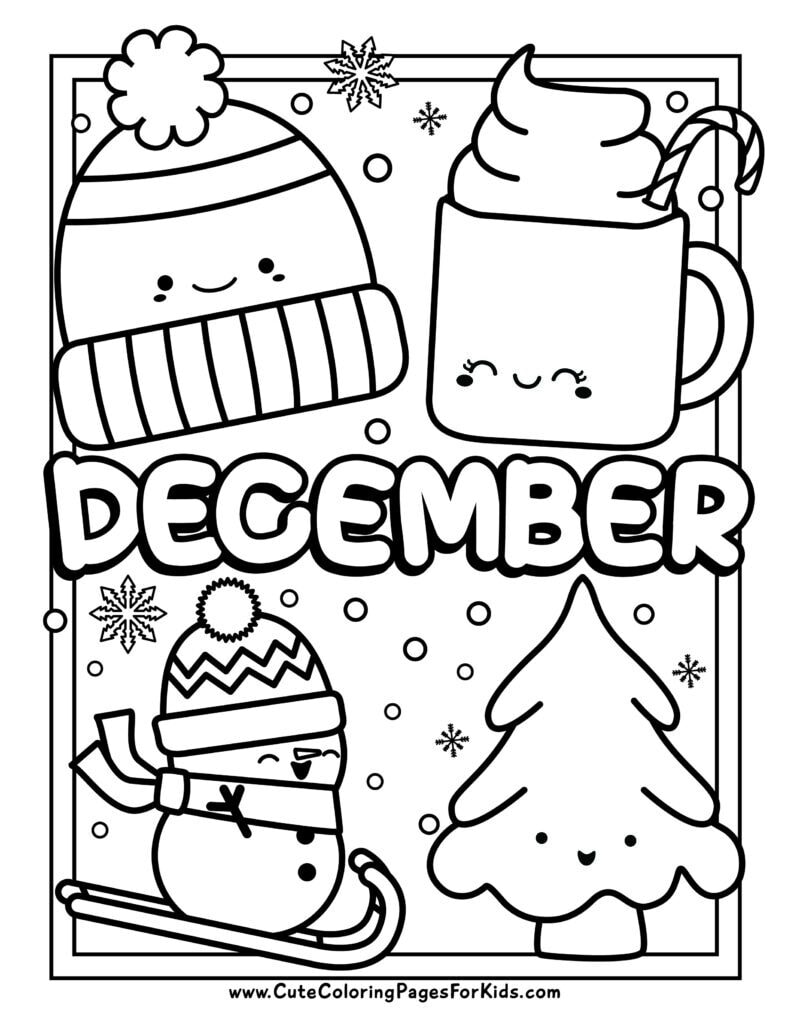 cute December coloring page with line drawings of a smiling winter hat, a cup of cocoa, a skiing snowman, and a happy snowy tree
