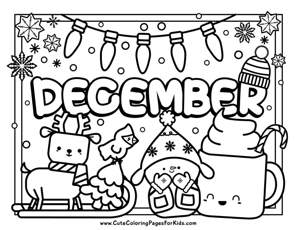 December coloring sheet with full page of December-themed elements to color