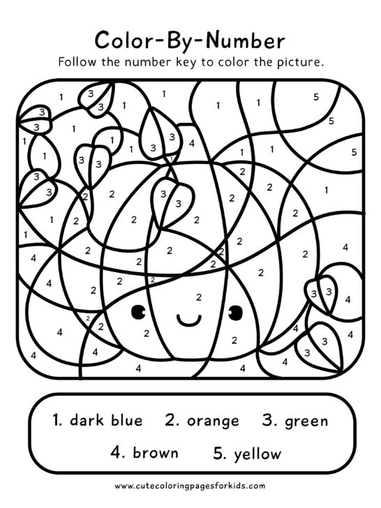 Download sheet of the pumpkin color by number worksheet for kids.