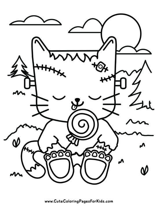 Drawing of a Frankenstein Cat who is sitting in a field and licking a lollipop. Image is a representation of a coloring page for download. 