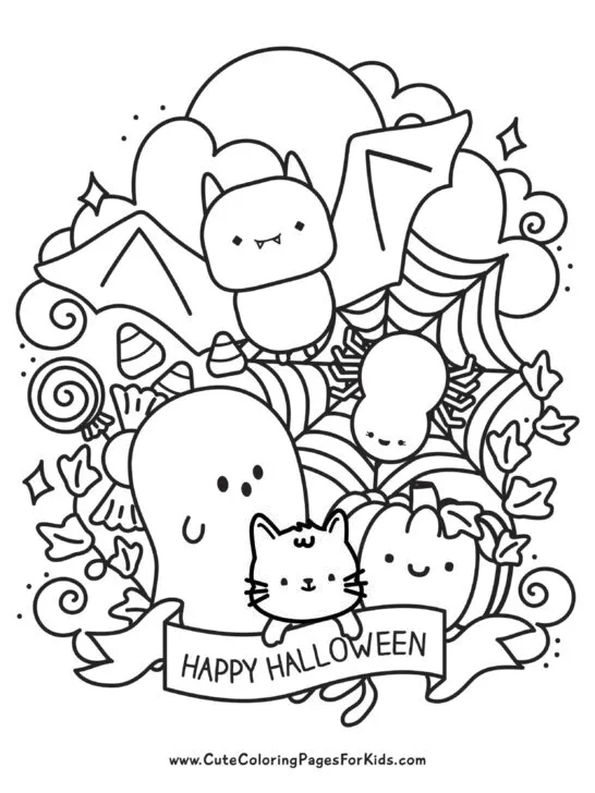 Line drawing of Halloween bat and other cute characters such as spider, ghost, cat, and pumpkin, plus halloween candy and swrils, with a cloud and moon background. Image represents a coloring page available for download.