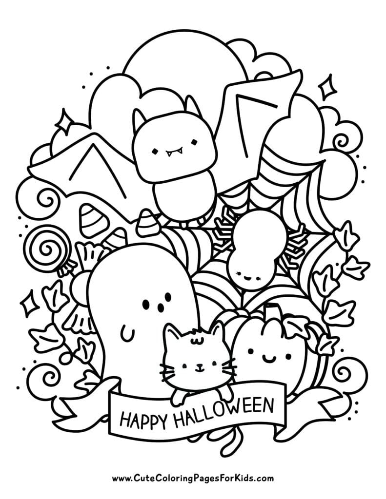 Line drawing of Halloween bat and other cute characters such as spider, ghost, cat, and pumpkin, plus halloween candy and swrils, with a cloud and moon background. Image represents a coloring page available for download. 