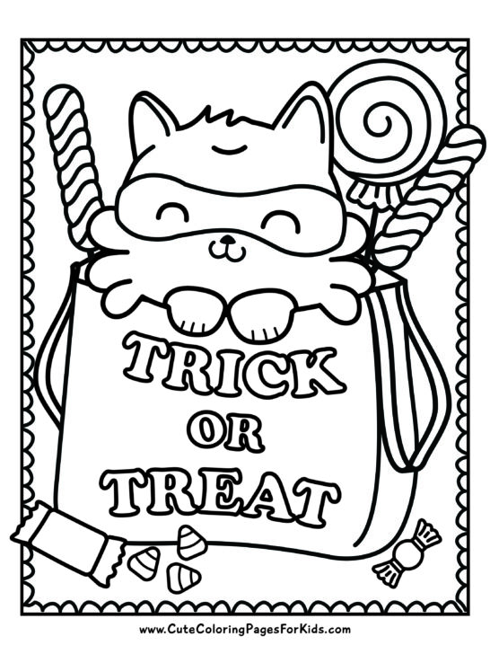 drawing of cute cat popping out of  trick or treat bag with candy and lolipops