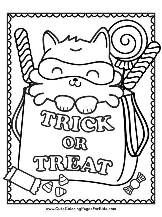 drawing of cute cat popping out of  trick or treat bag with candy and lolipops