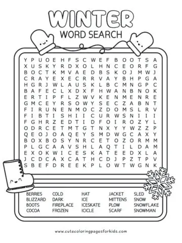 winter themed word search puzzle with 20 words. Puzzle is contained within a framed square with cartoon winter characters around.