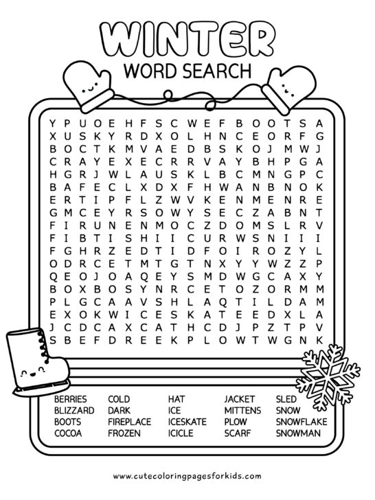 word search puzzle sheet in black and white with cute winter characters