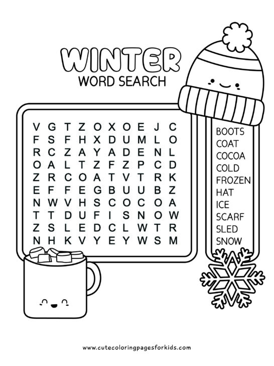 winter themed word search puzzle sheet in black and white with 10 words and happy winter cartoon characters