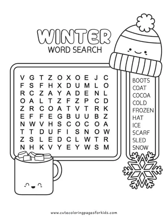 Snow Fort Word Search Puzzle Activity Page with Coloring