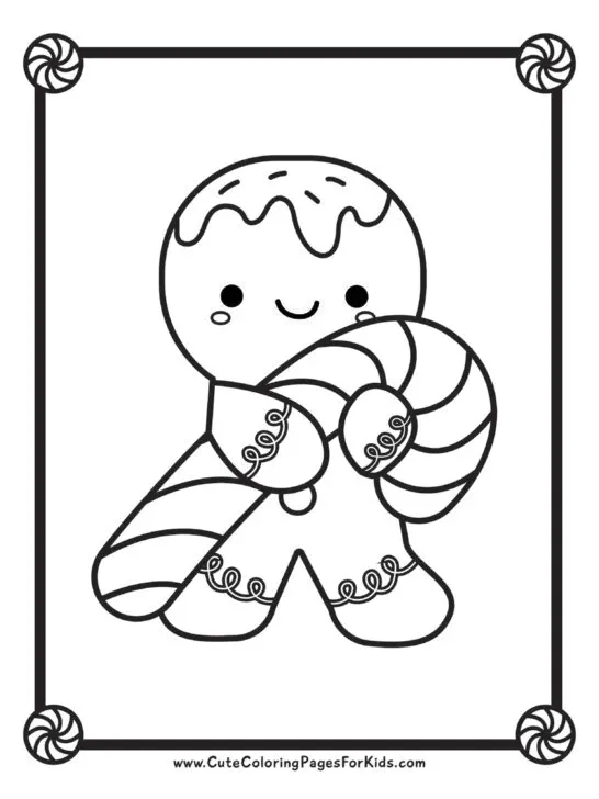 coloring sheet of a cute gingerbread man holding a candy cane, with peppermints in the border