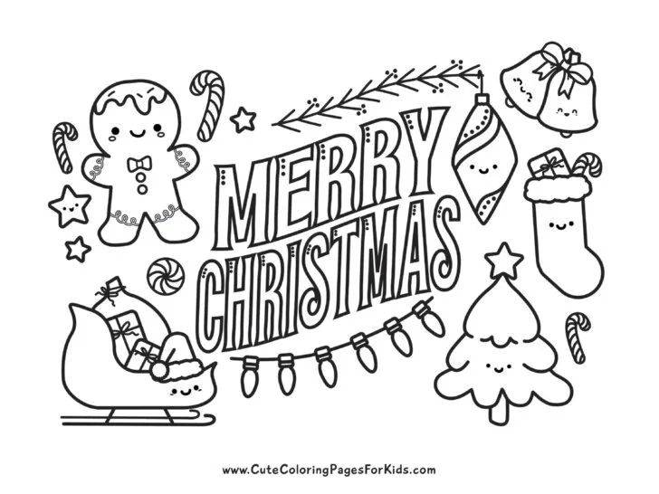 Merry Christmas coloring sheet with cute Christmas characters, such as a gingerbread man, stocking, sleigh, christmas tree, bells, and Christmas lights
