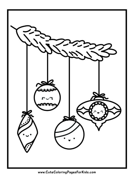 cute christmas ornaments coloring sheet with four ornaments in different designs