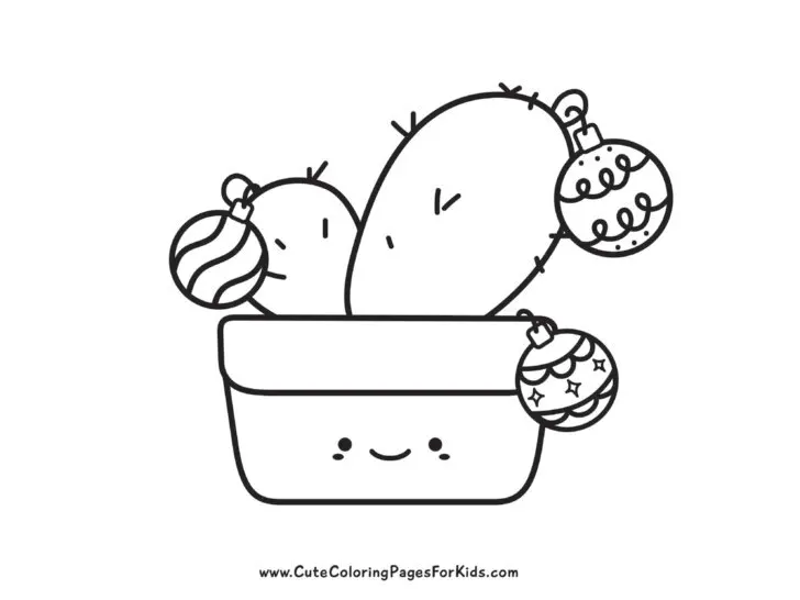 coloring page with potted cactus and Christmas ornaments