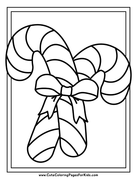 simple coloring page of two candy canes and a bow