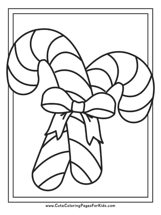 simple coloring page of two candy canes and a bow