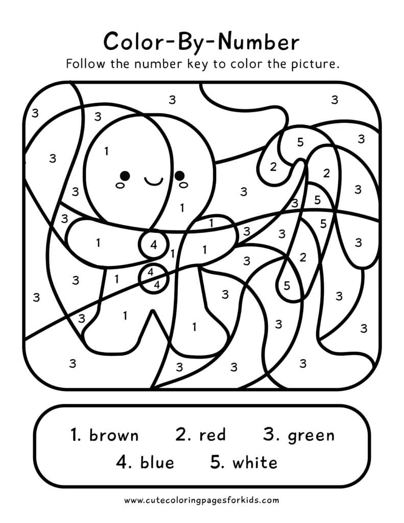 Christmas themed color-by-number sheet with a gingerbread man and a candy cane hidden in the picture