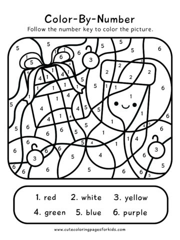 Color by number sheet with lines and numbers, showing an illustration of a happy Christmas stocking and a gift with a bow.