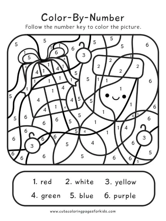 Color by number sheet with lines and numbers, showing an illustration of a happy Christmas stocking and a gift with a bow.