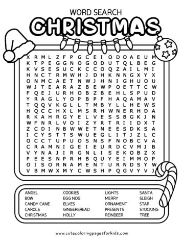 christmas word search in black and white with simple illustrations of santa hat, candy cane, and ornament