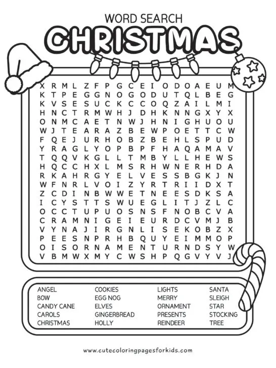 christmas word search in black and white with simple illustrations of santa hat, candy cane, and ornament